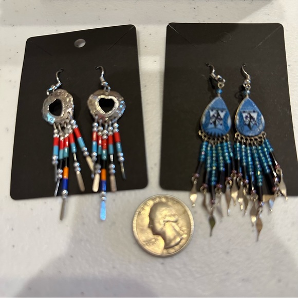 Set of 2 pairs Boho / Southwestern Earrings - silver beaded dangles blues, red - Picture 3 of 11